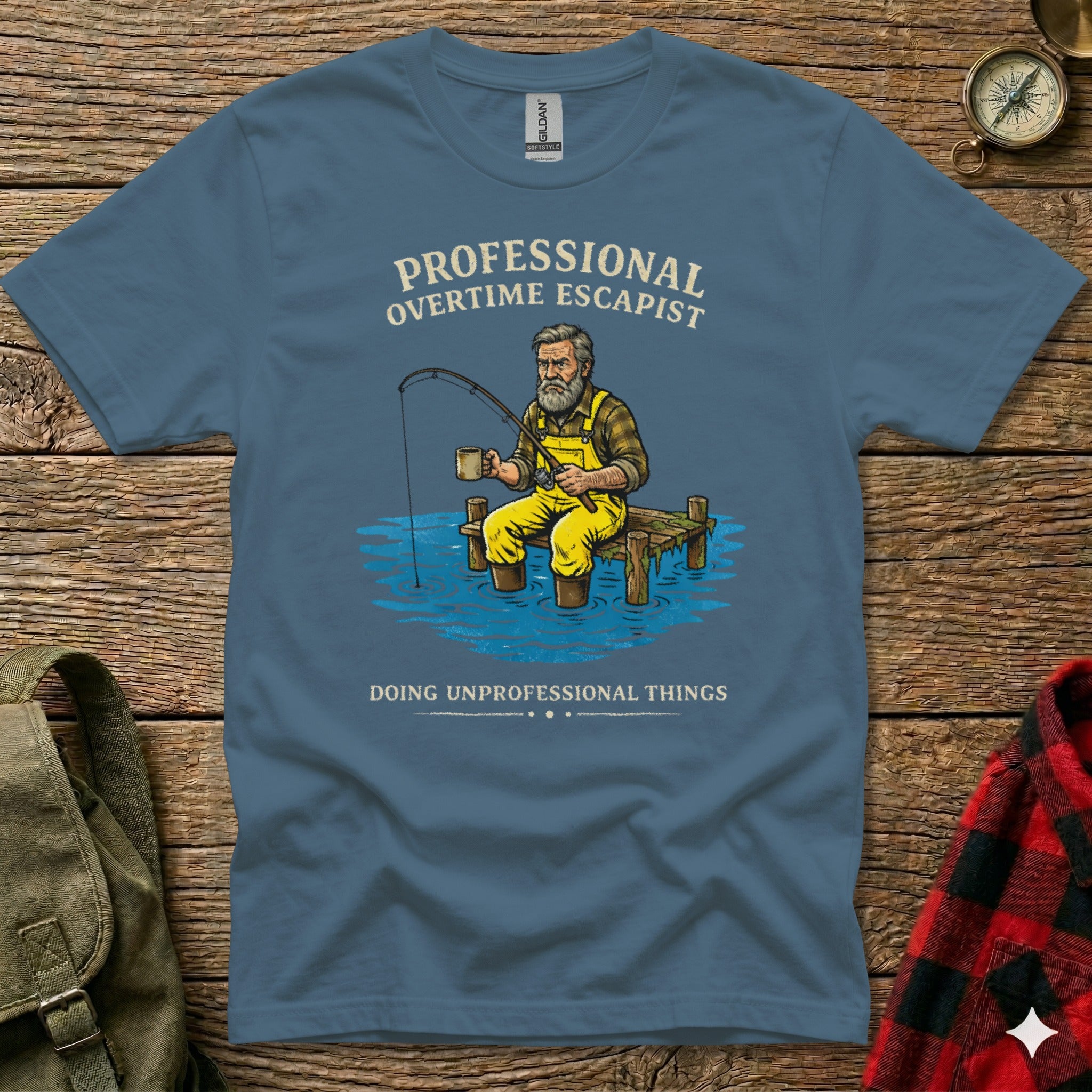 Blue t-shirt with "PROFESSIONAL OVERTIME ESCAPIST" and fishing graphic.