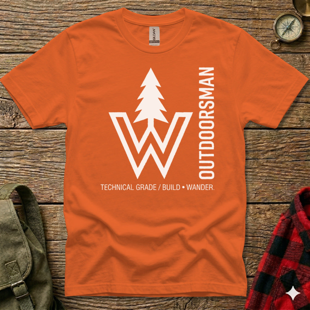 Orange t-shirt with white tree logo and text "OUTDOORSMAN".