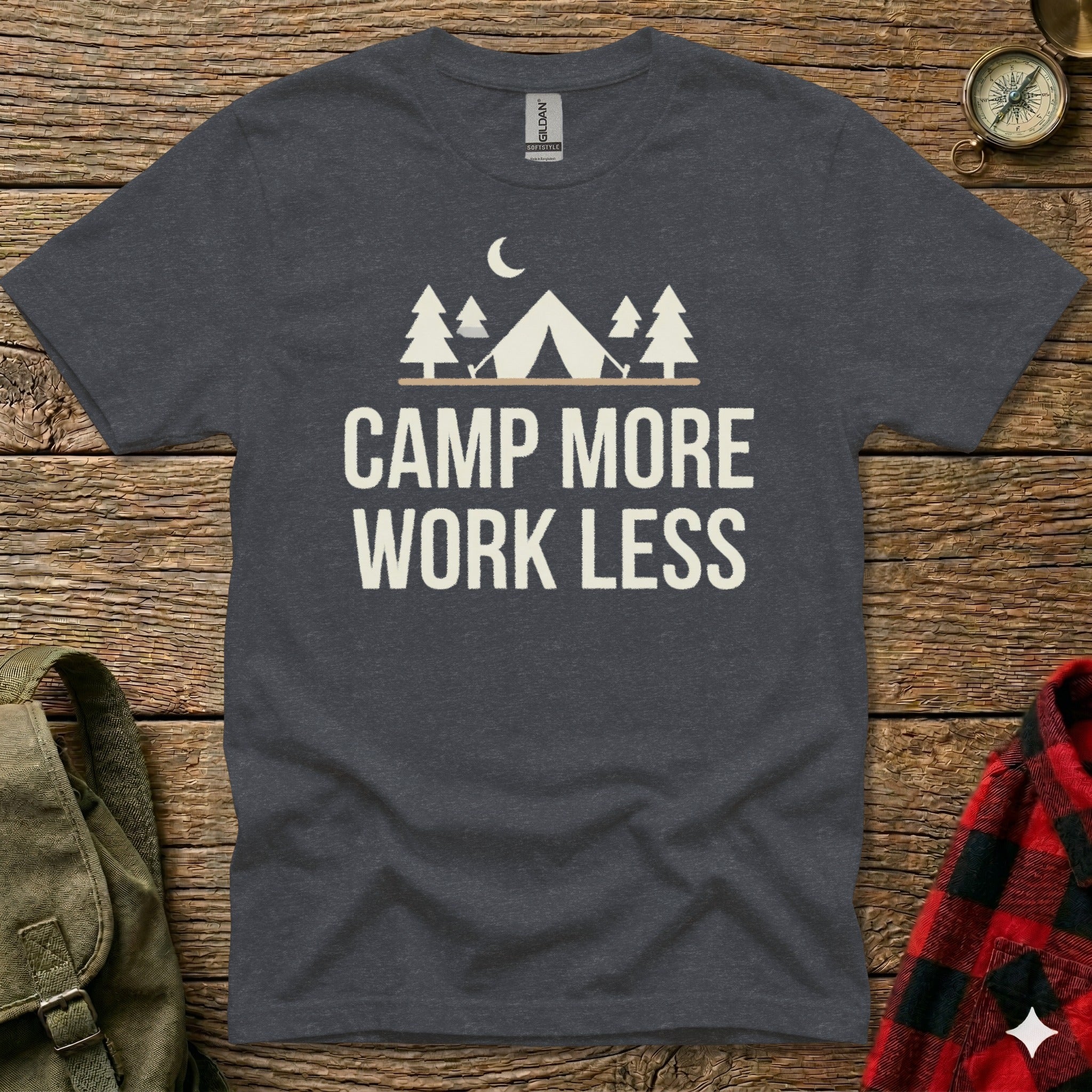 Dark gray t-shirt with "CAMP MORE WORK LESS" and camping graphics.