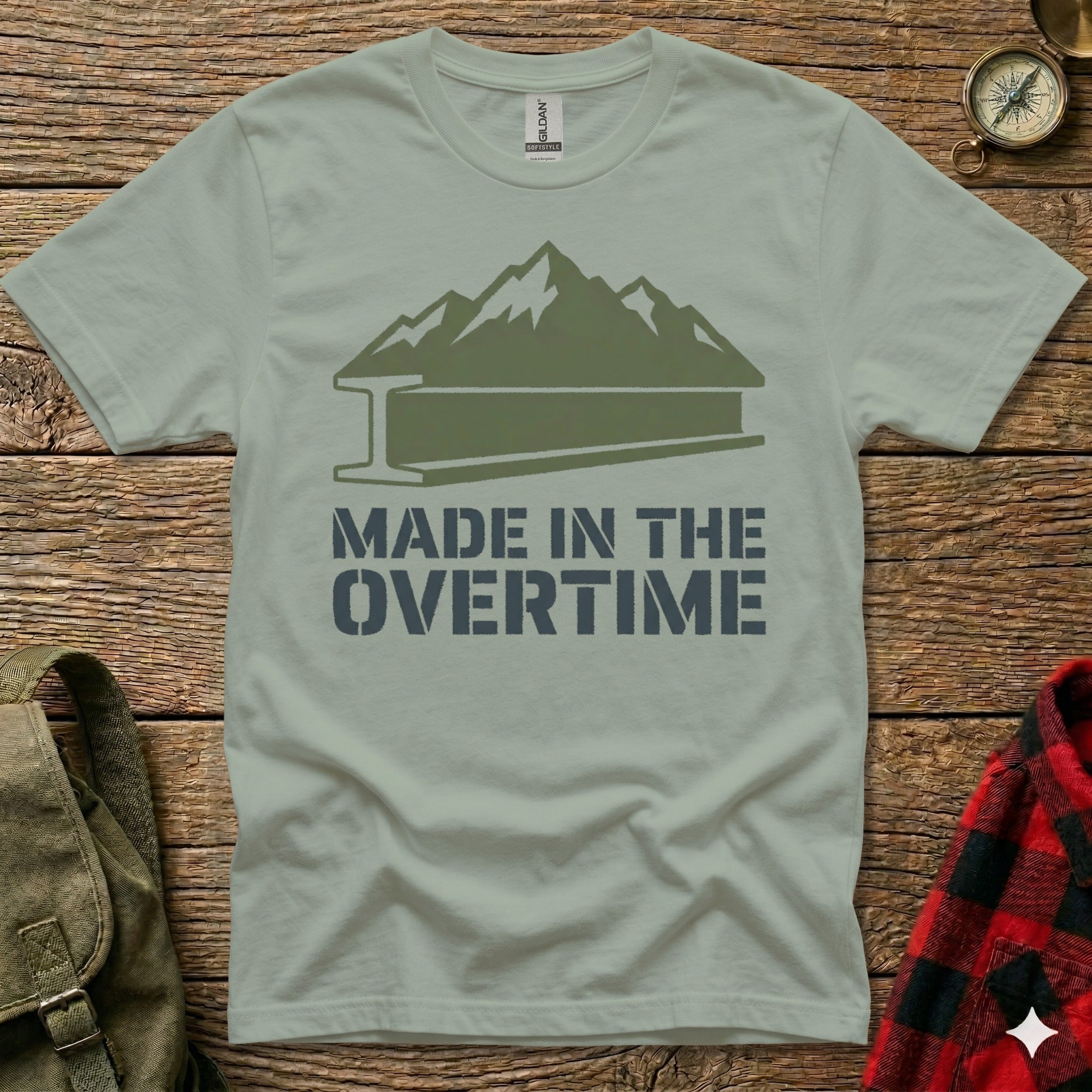 Green mountains and steel beam graphic with "MADE IN THE OVERTIME" text.