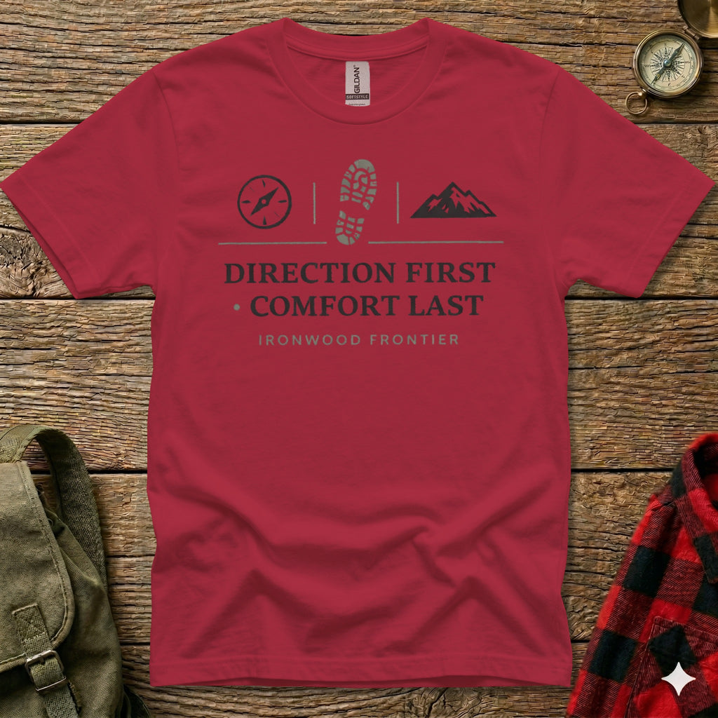 Red t-shirt with "DIRECTION FIRST COMFORT LAST IRONWOOD FRONTIER" and outdoor graphic.
