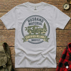 White t-shirt with "Husband Material Certified Reliable (Mostly)" text and graphic.