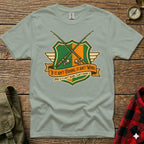 T-shirt with crossed fishing rods on a crest and humorous fishing quote.