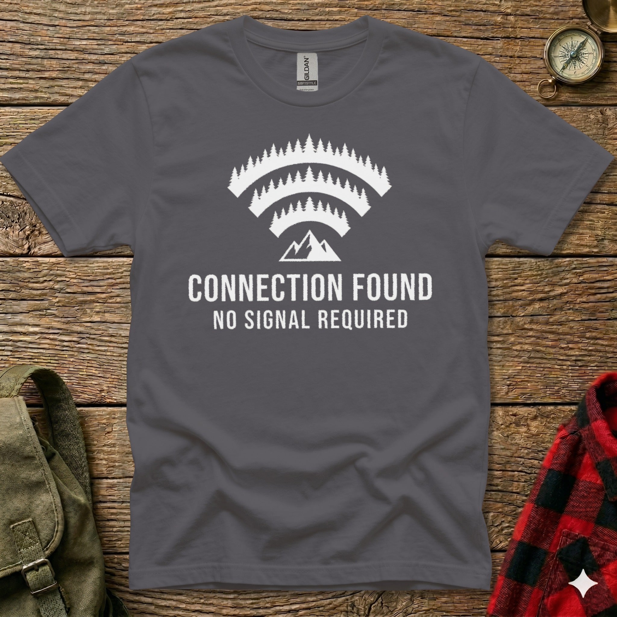 Dark gray t-shirt with "Connection Found No Signal Required" and mountain/tree logo.