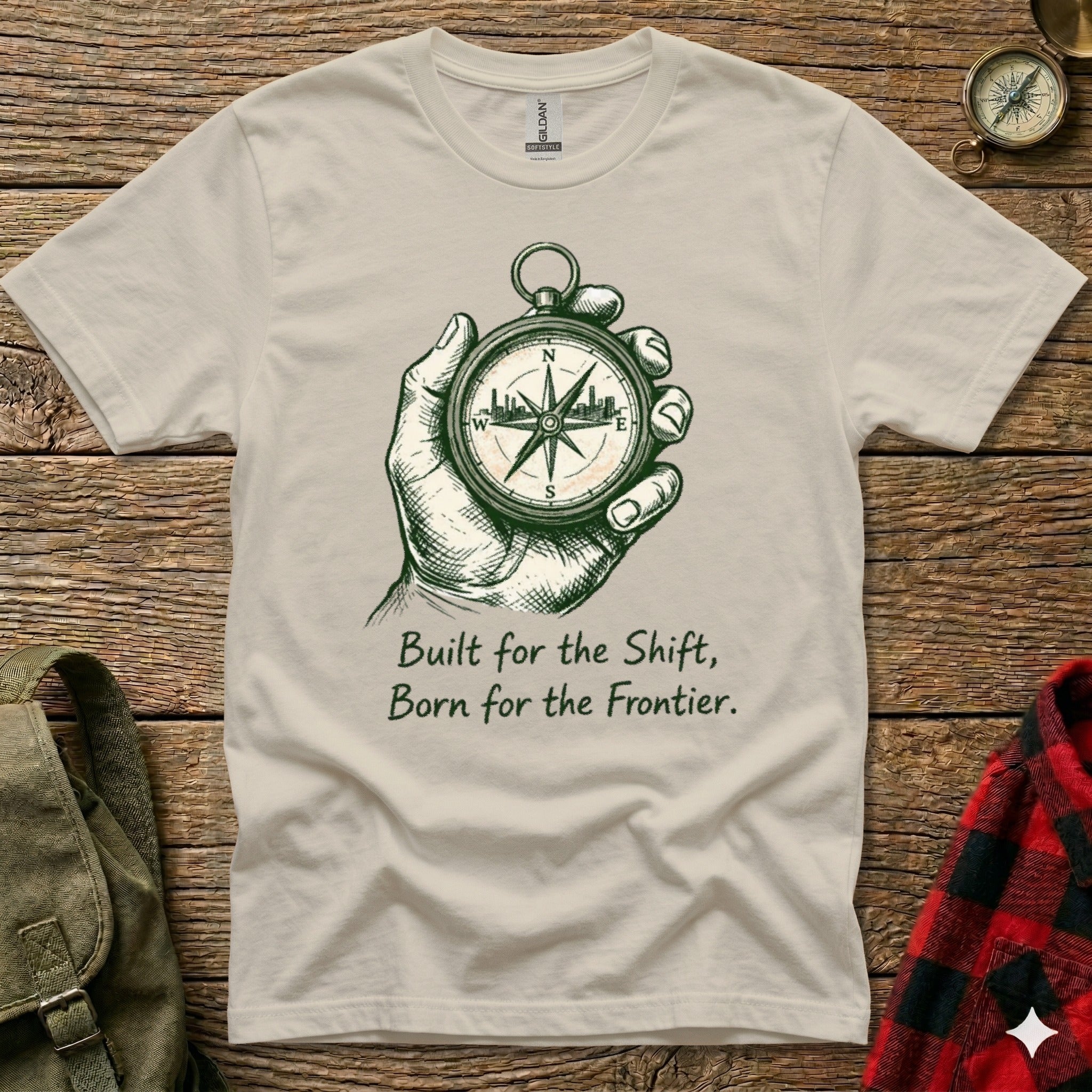 Cream t-shirt with compass graphic and text "Built for the Shift, Born for the Frontier."