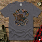 Dark grey t-shirt with "Heavy Boots Difficult Miles" and hiking boot graphic.