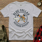 Grey t-shirt with "Blue Collar Outdoor Division" text, chainsaw, and axes.