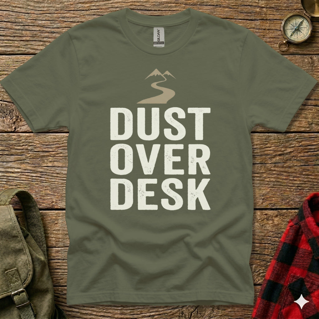 Olive green t-shirt with "DUST OVER DESK" text and mountain graphic.