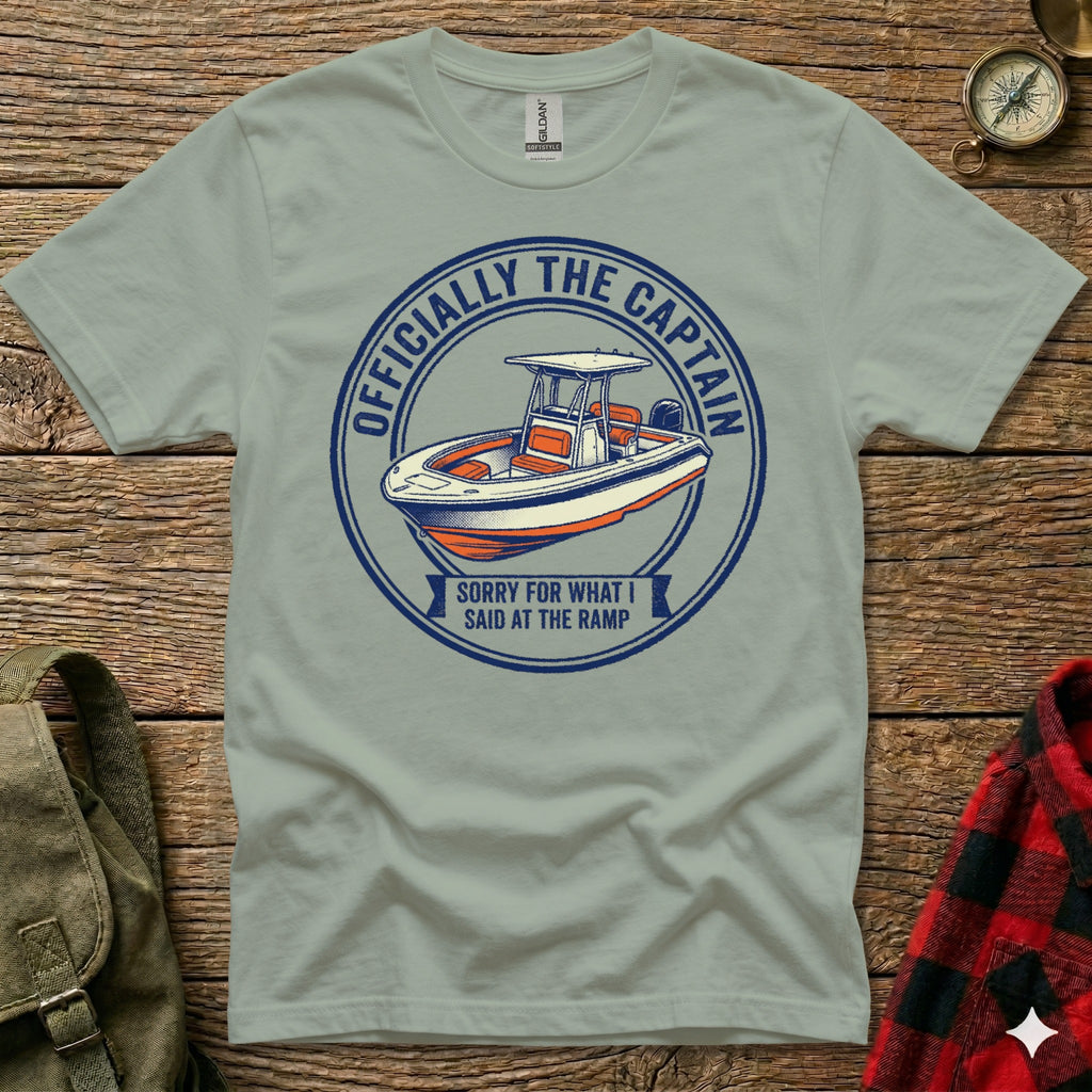 T-shirt with circular graphic: "Officially the Captain," boat, and "Sorry for what I said at the ramp."