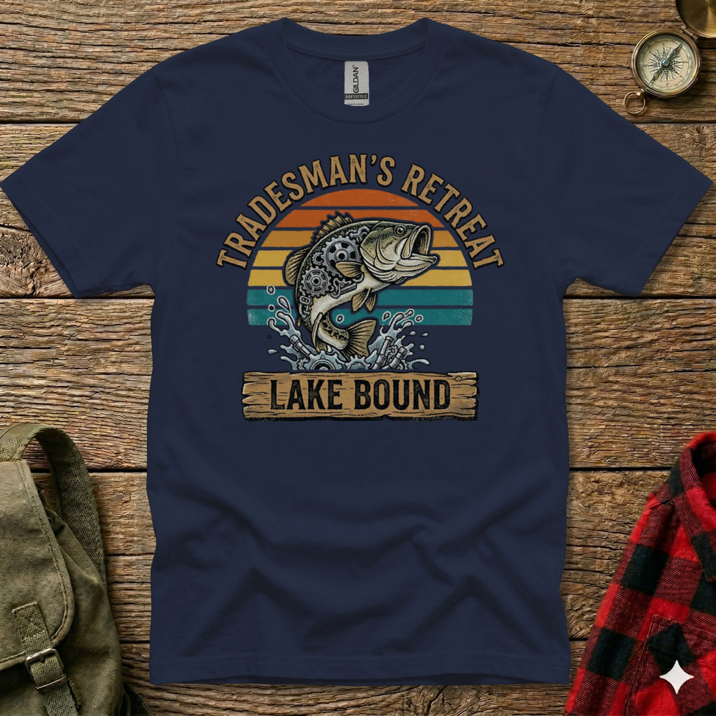 Navy t-shirt with "Tradesman's Retreat Lake Bound" and a jumping bass design.