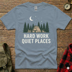 T-shirt with "HARD WORK QUIET PLACES" text and a campsite scene.