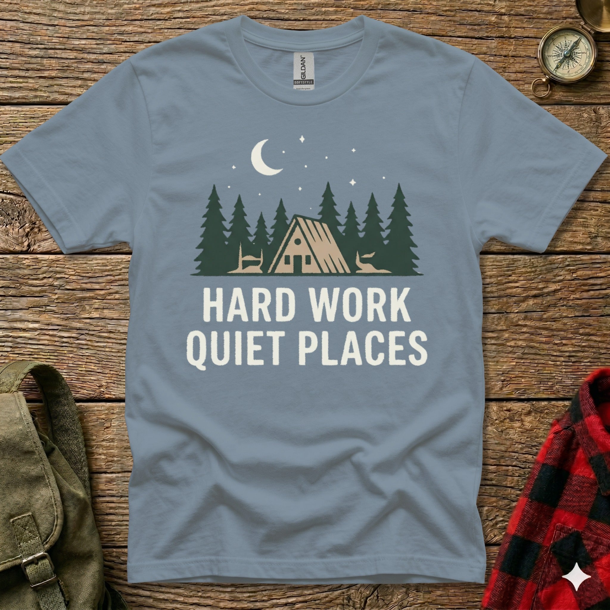 T-shirt with "HARD WORK QUIET PLACES" text and a campsite scene.