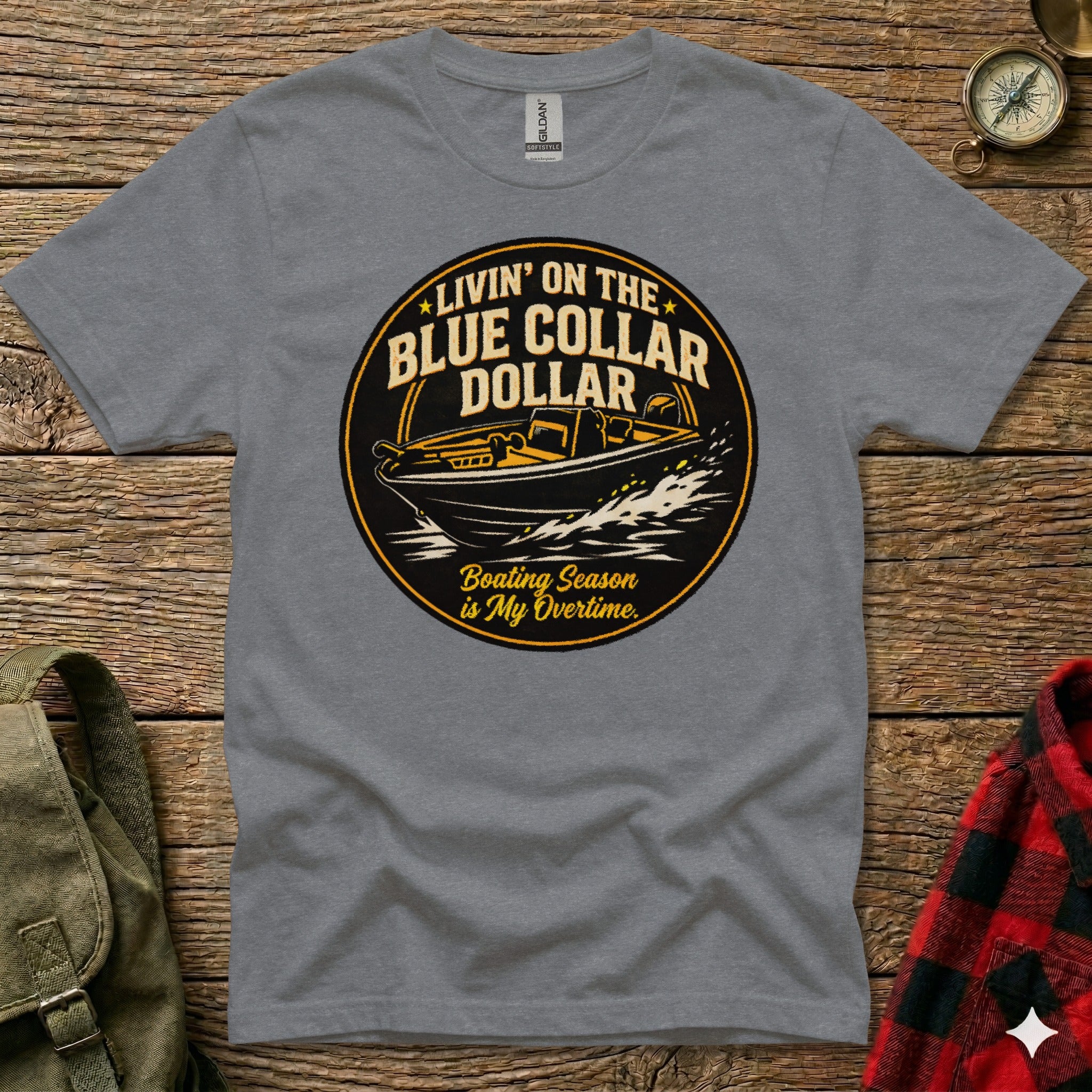 T-shirt with "Livin' on the Blue Collar Dollar" and boat graphic.