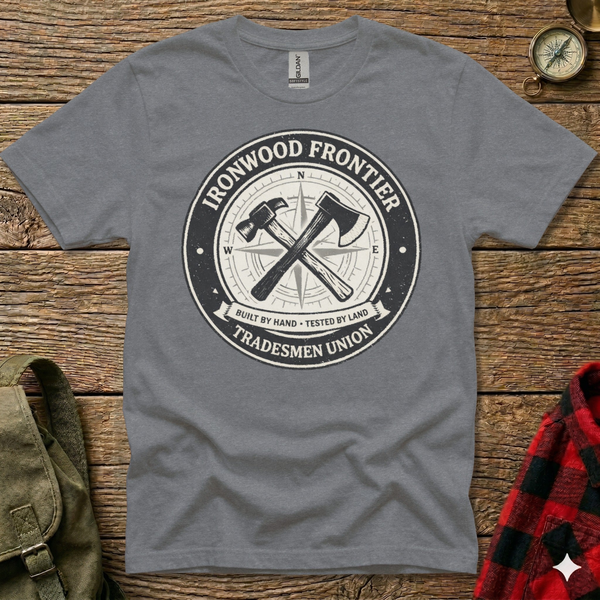 Grey t-shirt with circular Ironwood Frontier Tradesmen Union logo.