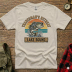 T-shirt graphic: bass jumping from water, "Tradesman's Retreat" and "Lake Bound" text.