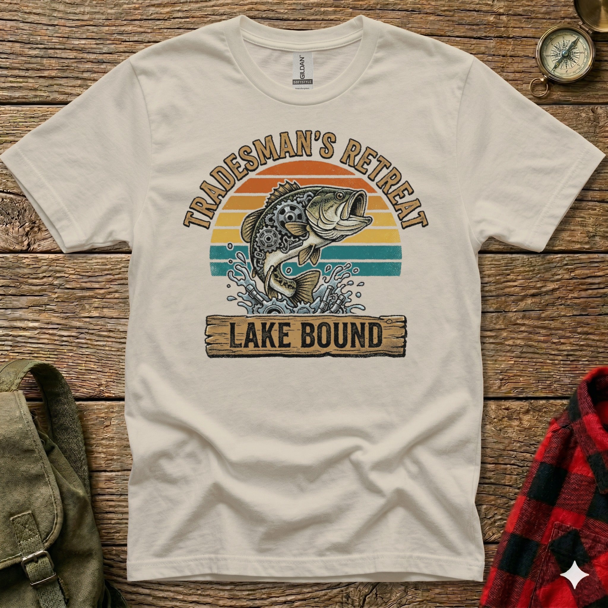 T-shirt graphic: bass jumping from water, "Tradesman's Retreat" and "Lake Bound" text.