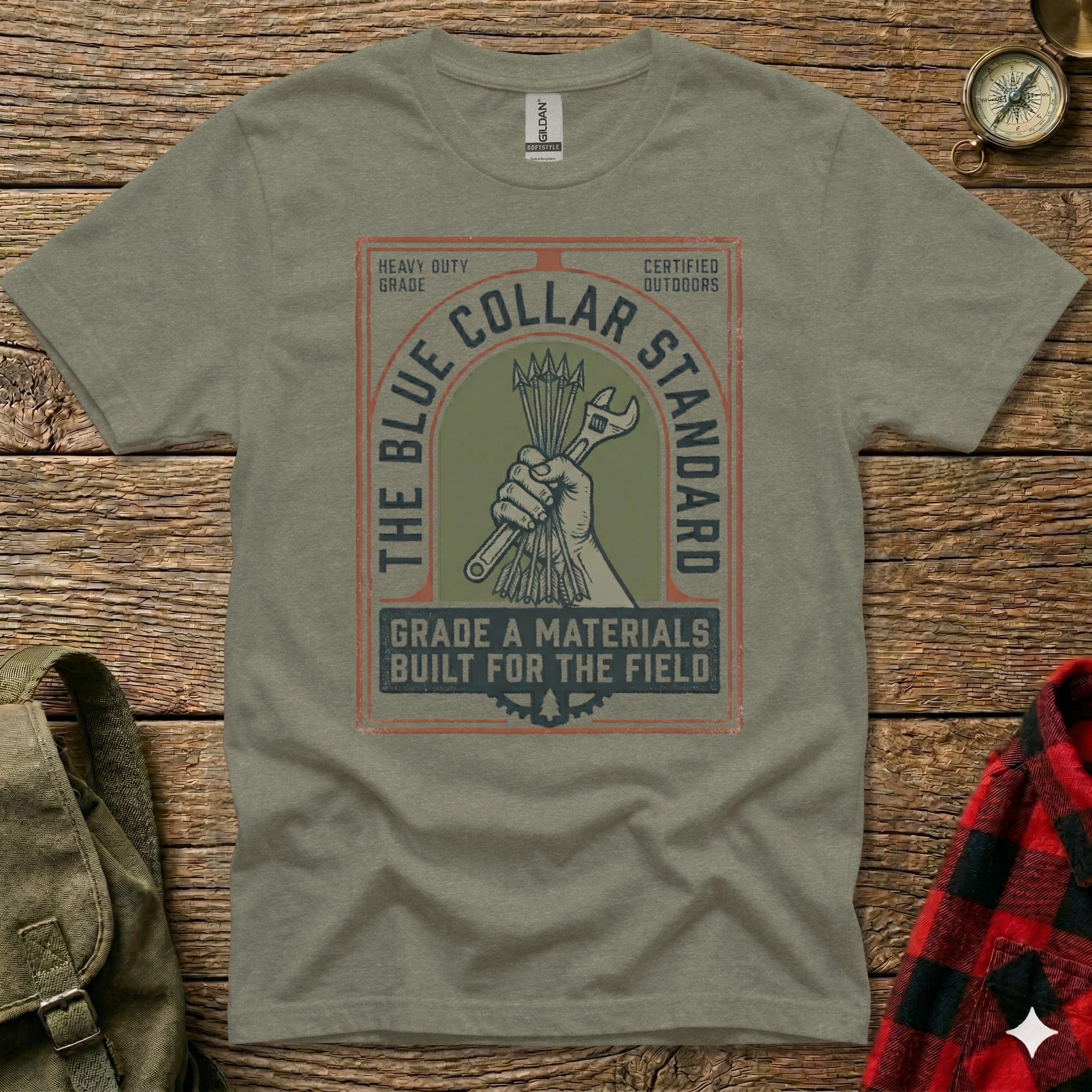 The Blue Collar Standard graphic t-shirt with wrench and text.