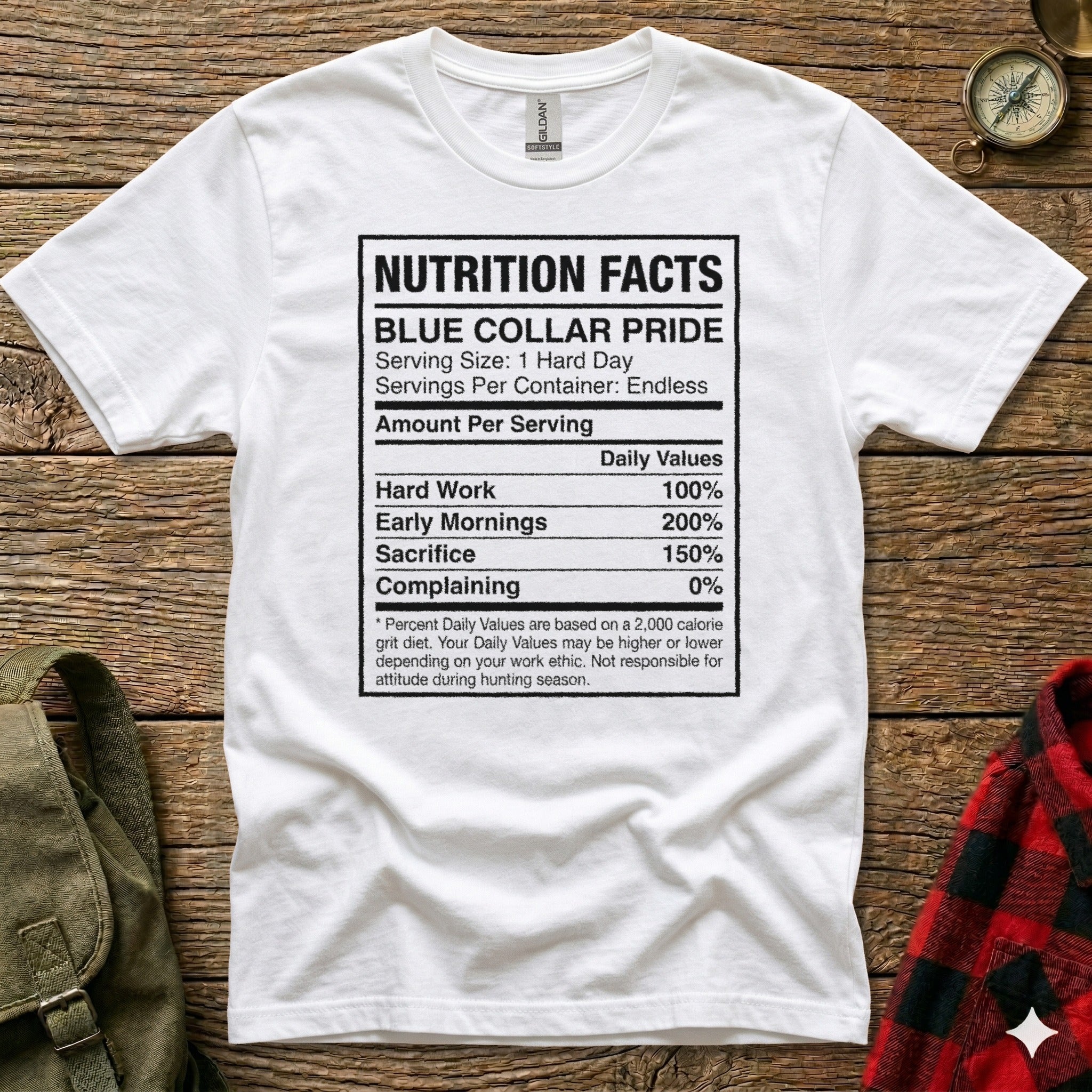 White t-shirt with "Nutrition Facts" for "Blue Collar Pride" and humorous serving details.