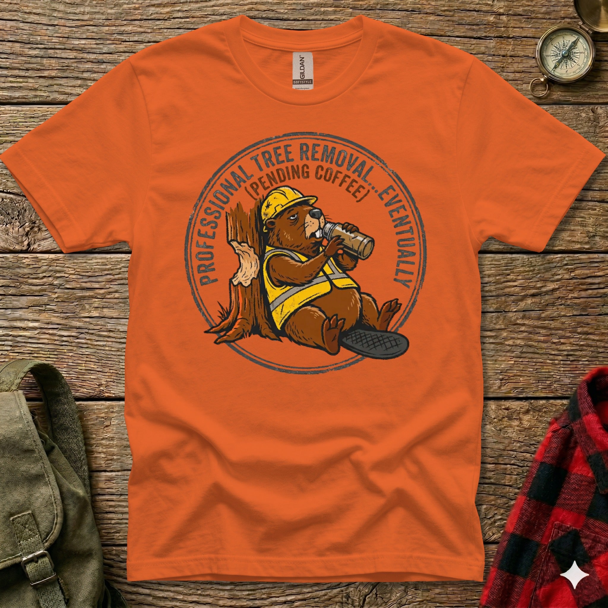 Cartoon beaver in hard hat drinks coffee on tree stump, "Tree Removal" text.