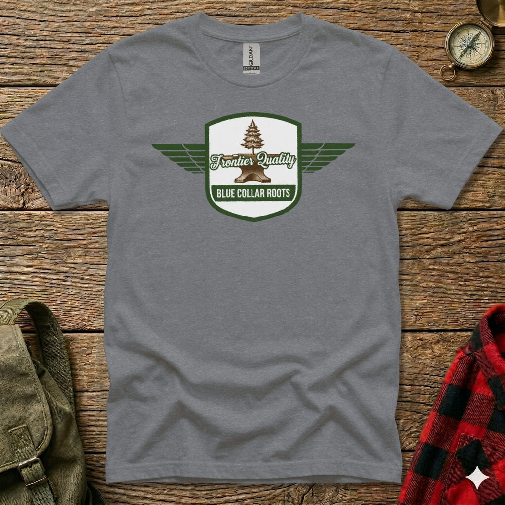 Grey t-shirt with green winged shield logo reading "Frontier Quality Blue Collar Roots".