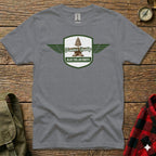 Grey t-shirt with green winged shield logo reading "Frontier Quality Blue Collar Roots".