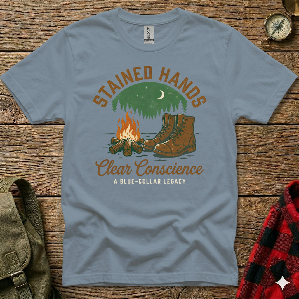 T-shirt with campfire, hiking boots, and "Stained Hands Clear Conscience" text.