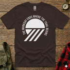 Brown t-shirt with "The Workday Ends Where The Trail Begins" text and graphic.