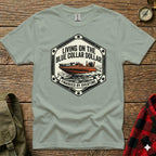 T-shirt with "Living on the Dollar Financed by Overtime" text and a boat illustration.