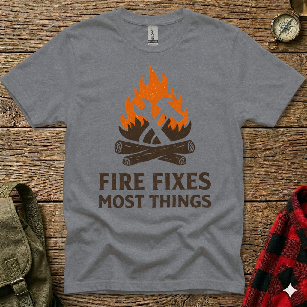 Grey t-shirt with orange flames, hammer, wrench, and "Fire Fixes Most Things" text.