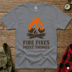 Grey t-shirt with orange flames, hammer, wrench, and "Fire Fixes Most Things" text.
