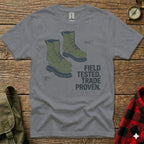Gray t-shirt with diagram of modified infantry boot, text reads: FIELD TESTED. TRADE PROVEN.