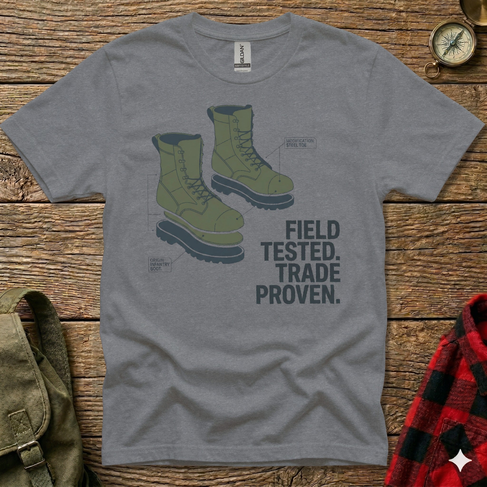 Gray t-shirt with diagram of modified infantry boot, text reads: FIELD TESTED. TRADE PROVEN.