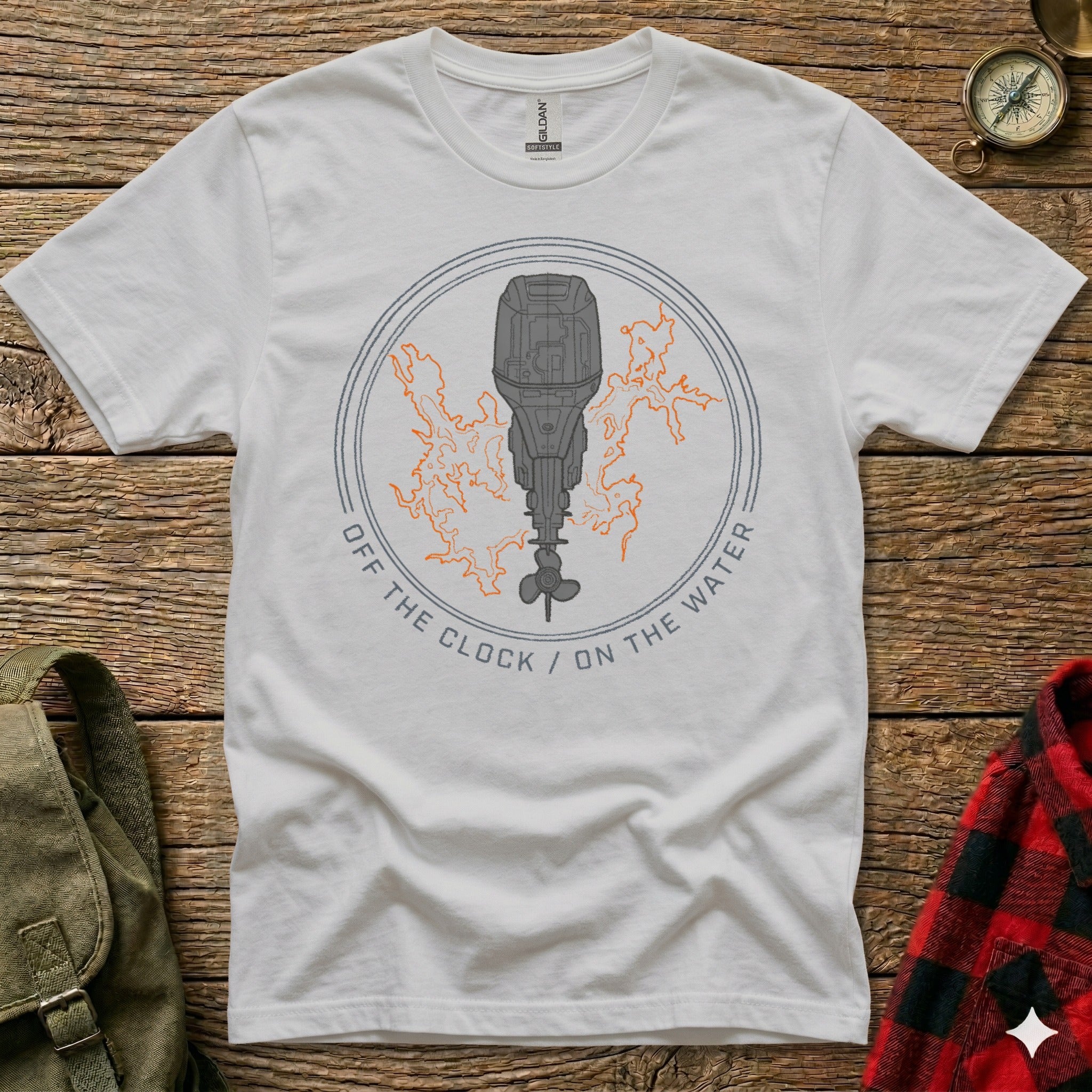 White t-shirt with outboard motor graphic and text "OFF THE CLOCK / ON THE WATER".