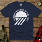 Navy t-shirt with white text and graphic: "The workday ends where the trail begins."