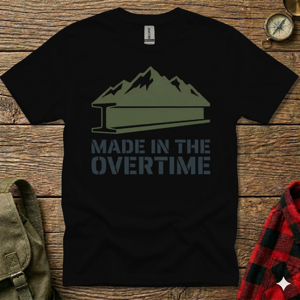 Black t-shirt with green mountains and "Made in the Overtime" text.