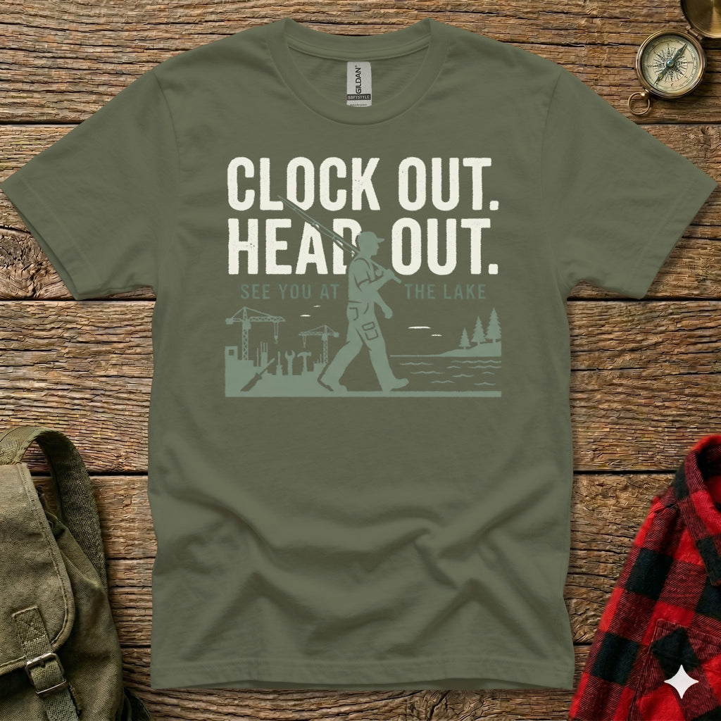 Olive green t-shirt with "Clock Out. Head Out. See You At The Lake." graphic.