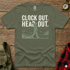 Olive green t-shirt with "Clock Out. Head Out. See You At The Lake." graphic.