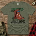 Bear in hard hat with coffee, text: I Work To Support My Outdoor Addiction.