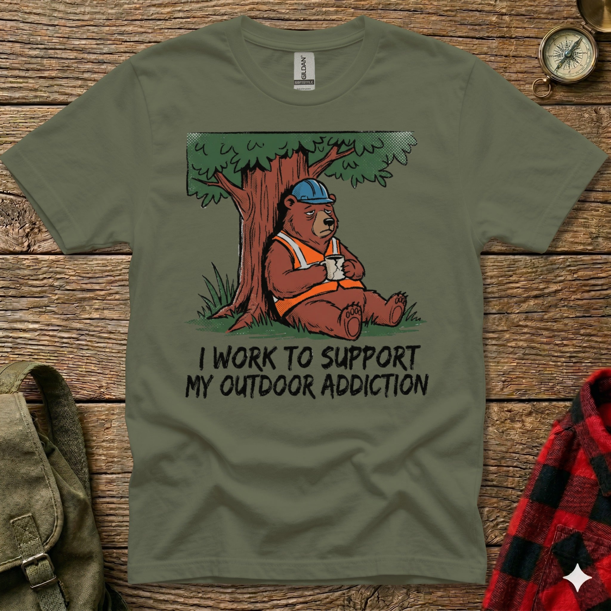 Bear in hard hat with coffee, text: I Work To Support My Outdoor Addiction.
