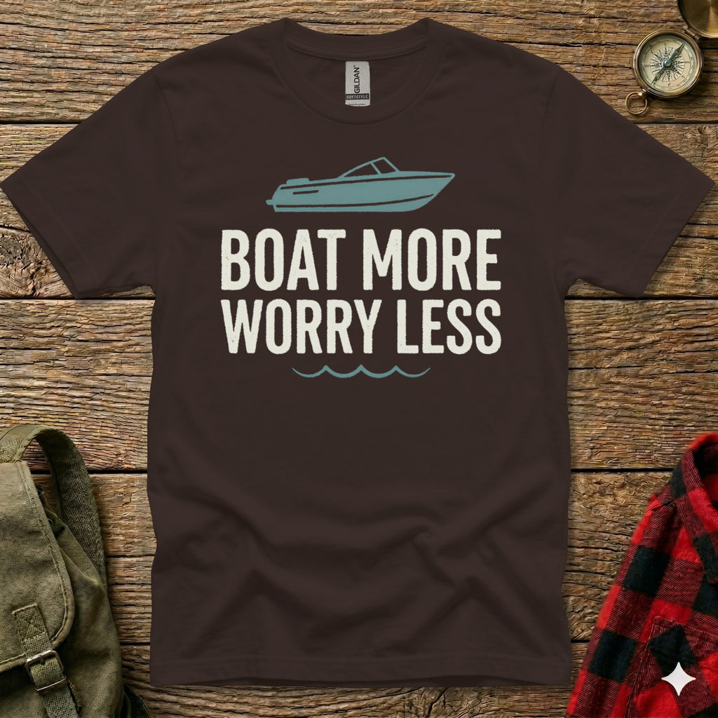 Brown t-shirt with "BOAT MORE WORRY LESS" text and boat graphic.