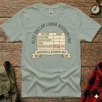 T-shirt with "Blue Collar Labor Accounting" text, featuring a ledger with "Error" and "Underpaid & Overwhelmed".