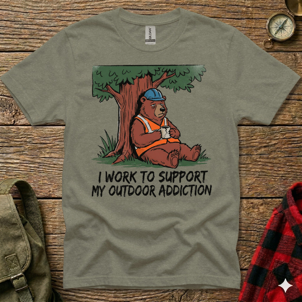 Bear in hard hat sits under tree holding coffee mug, text reads "I work to support my outdoor addiction."
