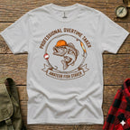 White t-shirt with distressed graphic of a bass wearing a hard hat.
