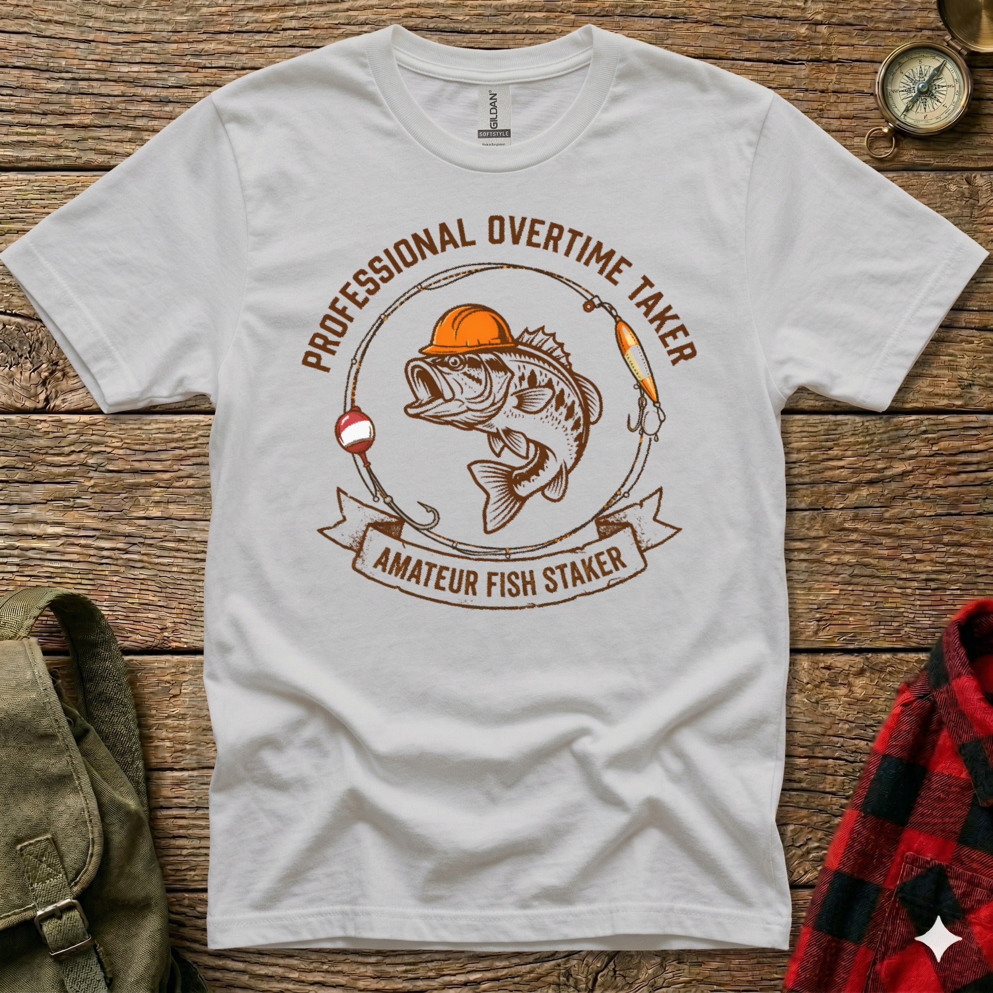 White t-shirt with distressed graphic of a bass wearing a hard hat.