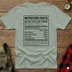Nutrition facts label for "Blue Collar Pride" shirt, detailing hard work, early mornings, and sacrifice.