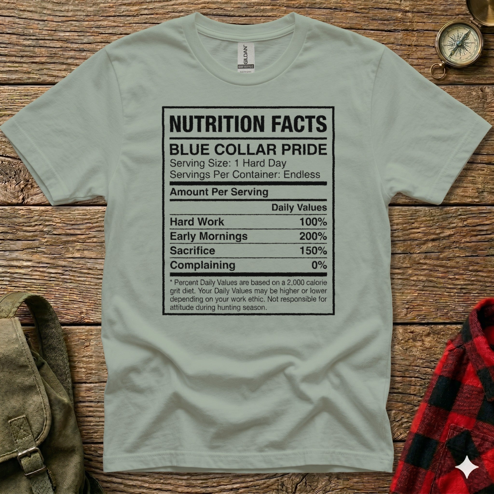 Nutrition facts label for "Blue Collar Pride" shirt, detailing hard work, early mornings, and sacrifice.
