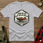 Gray t-shirt with a boat and text "Living on the Blue Collar Dollar Financed by Overtime"