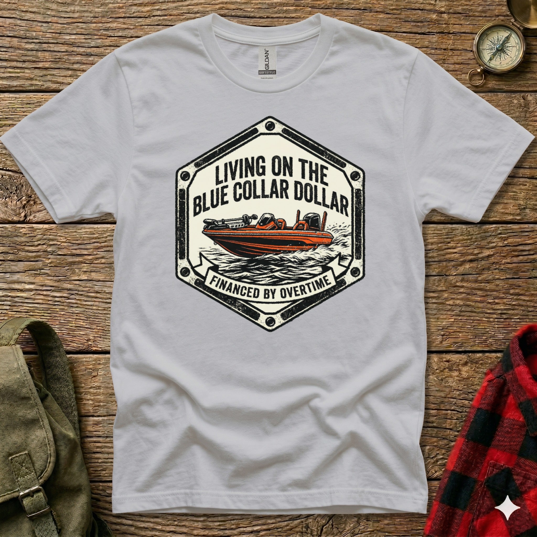 Gray t-shirt with a boat and text "Living on the Blue Collar Dollar Financed by Overtime"