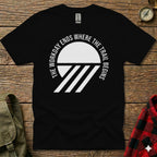 Black t-shirt with "The workday ends where the trail begins" text and geometric design.