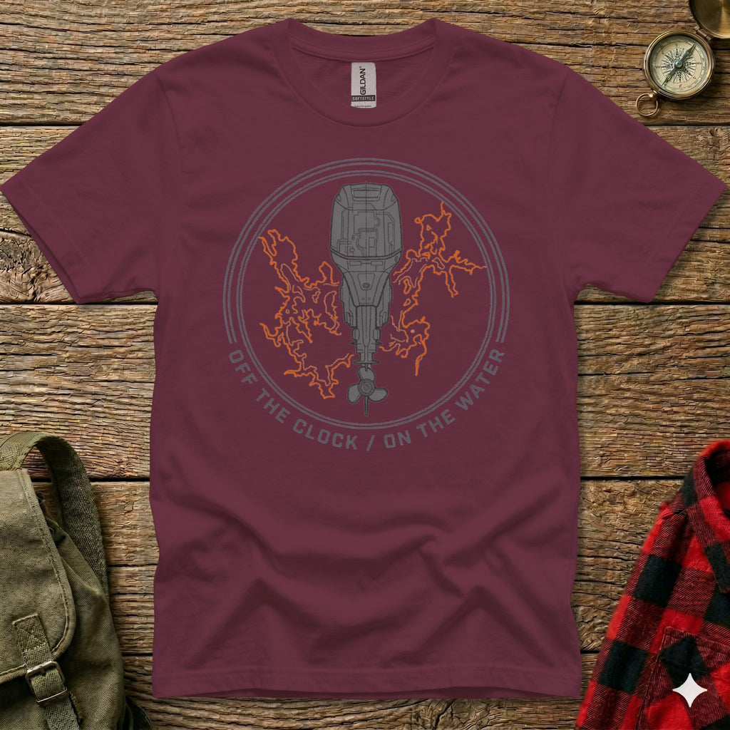 Maroon t-shirt with a graphic of an outboard motor and lightning bolts.